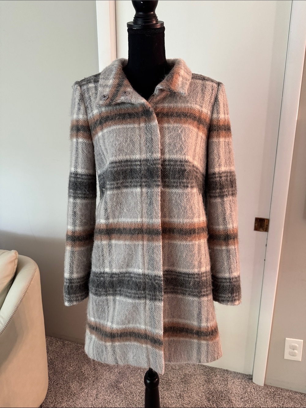 LOFT Women's Plaid Pea Coat in Gray, Brown and Cream
